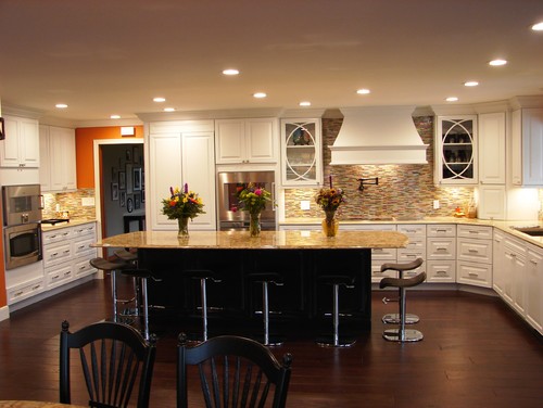 Cambria Buckingham Countertop and Cambria Buckingham Overhang Island Top with Two Tone Cabinets, Colorful Matchstick Backsplash, Dark Hardwood Floor